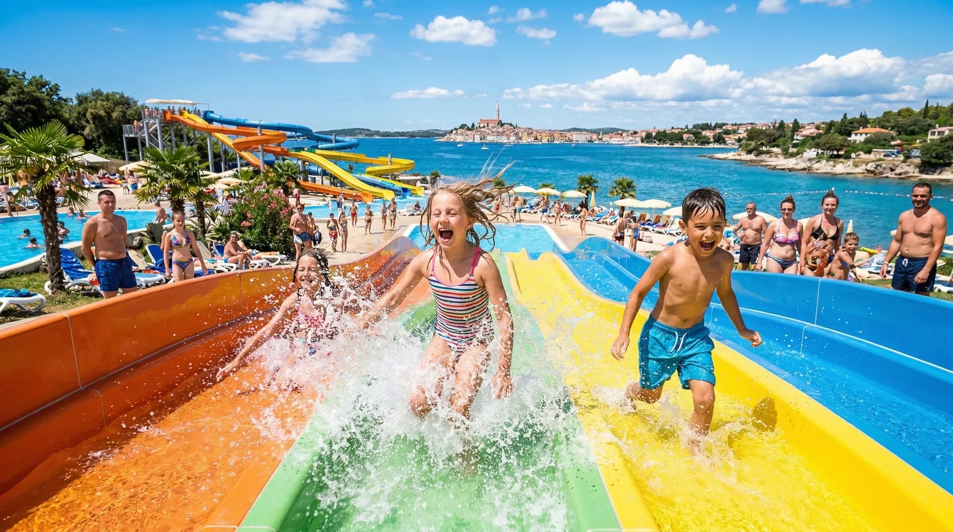 Kinder auf Wasserrutschen im Aquapark