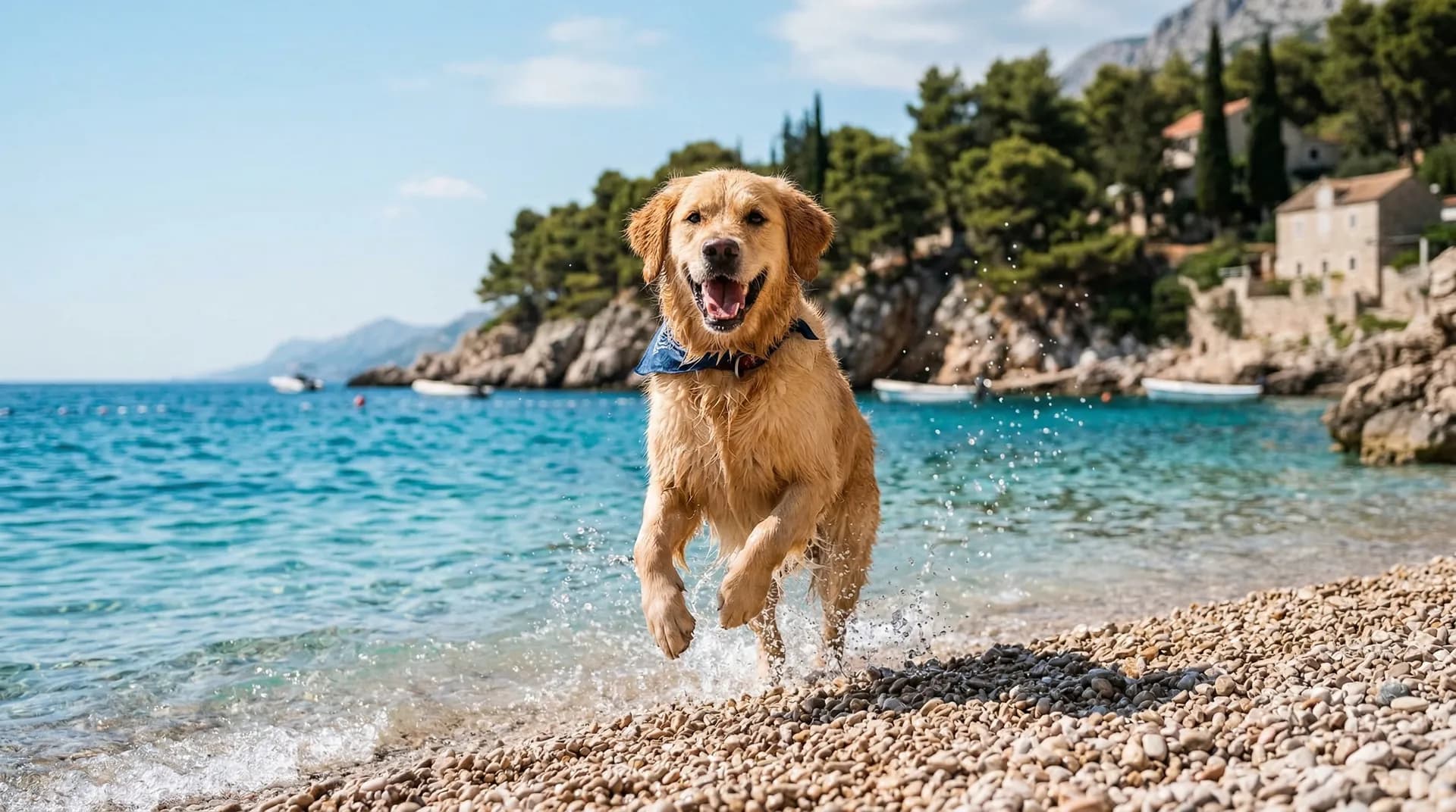 Hund am Kiesstrand in Kroatien
