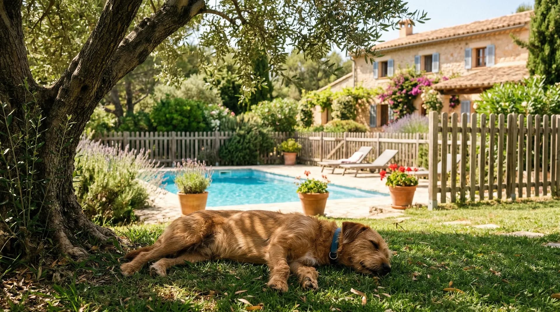 Hund im eingezäunten Garten mit Pool